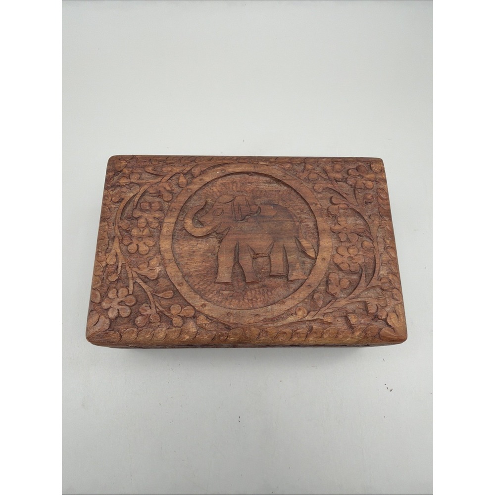 VTG Hand Carved Wooden Elephant Trinket/Jewelry Box Hinged Lid Floral  6"